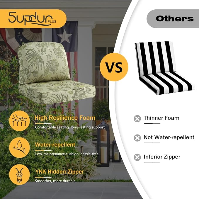 Outdoor Cushions for Patio Furniture Set of 2, 24"x24" Water Repellent Chair Cushions Removable Seat Bottom & Back Cushion Covers for Chair, Sofa, Couch, Dark Green Vine