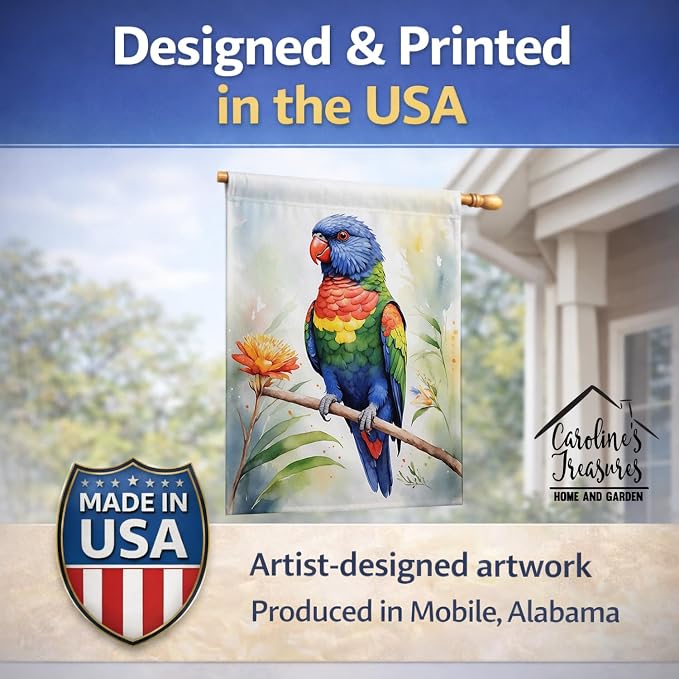 Caroline's Treasures Rainbow Lorikeet House Flag Large Porch Sleeve Pole Decorative Outside Yard Banner Artwork Wall Hanging, Polyester, House Size, Multicolor