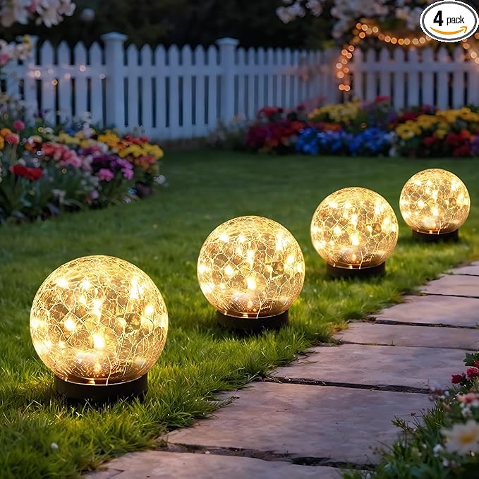 SyouHome Solar Garden Lights Outdoor Waterproof, 4 Pack LEDs Cracked Glass Ball Light, Ground Landscape Garden Decor, Solar Globe Decorative for Pathway/Patio/Lawn/Yard