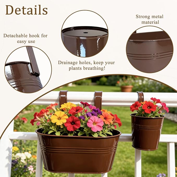 Pack of 8 Metal Hanging Planters for Outdoor Plants, 4 Pcs 4" Round Railing Planter & 4 Pcs 10" Oval Fence Flower Pots for Balcony Garden Decor, Chocolate