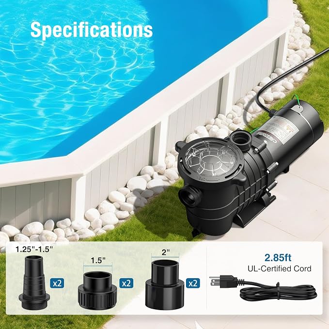 CrestWave 2 HP In/Above Ground Pool Pump Dual Voltage 115V/230V | 6816GPH High Flow Self-Priming Pump, Low Noise Heavy Duty w/Large Strainer Basket, 3-Size Connectors (1.5", 2", 1.25"-1.5")