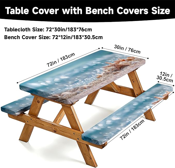 NYZE 3 Pieces Picnic Table Cover with Bench Covers Set, Camping Tablecloth, Tablecloth Cover with Drawstring Bag, Camping Essentials for Outdoor Picnics, Patio, BBQ (Starfish Beach)