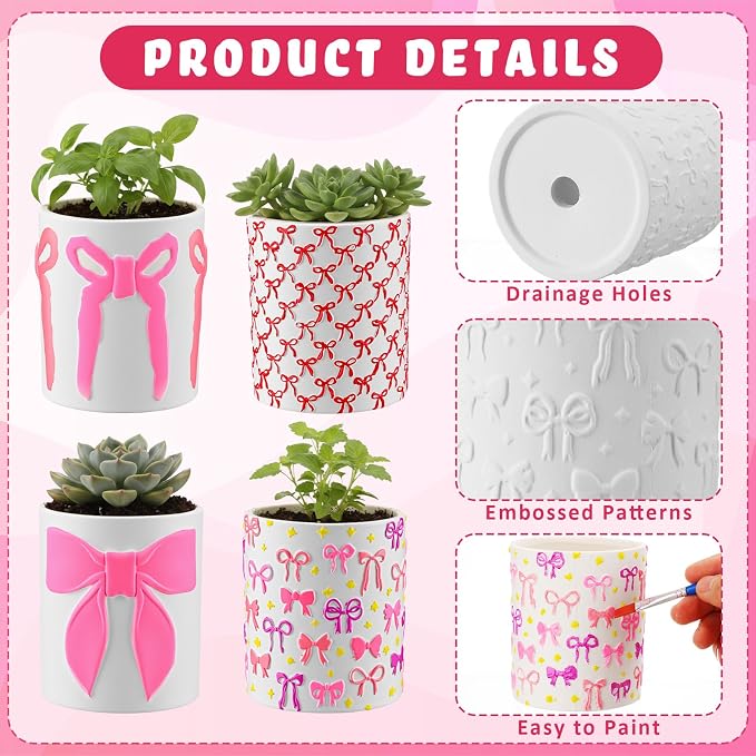 Zubebe 12 Pcs Paint Your Own Flower Ceramic Pots with Drainage Hole, 4 Style Pink Bow Unfinished Succulent Pots Painting Kit Mini Paintable Vase for Bow Party Craft Gift Girls Night DIY Art Activity