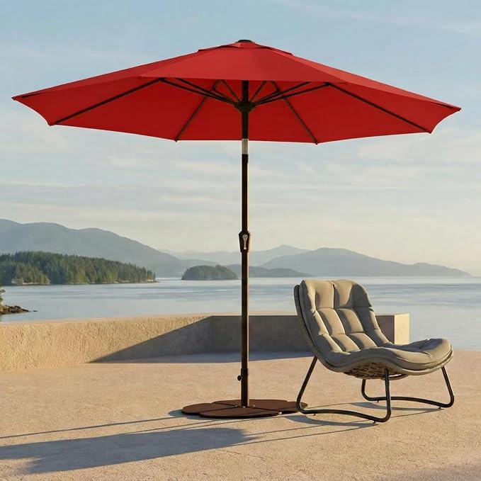 Kingdura 10FT Outdoor Patio Umbrella, Round Market Table Umbrella with Push‑Button Tilt and Crank Lift, 8 Sturdy Metal Ribs, UV50+ Protection Canopy for Backyard, Lawn, Deck, Poolside, Garden (Red)
