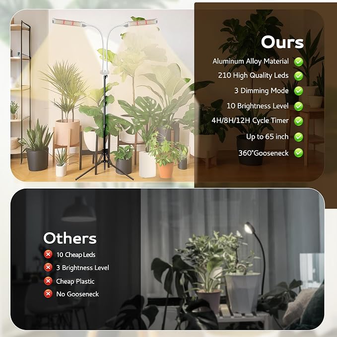 210 LED Grow Lights for Indoor Plants Full Spectrum, LED Plant Light with Stand, Adjustable Height, Plant Grow Lights with Auto 4/8/12/H Timer for Indoor Tall Plants.