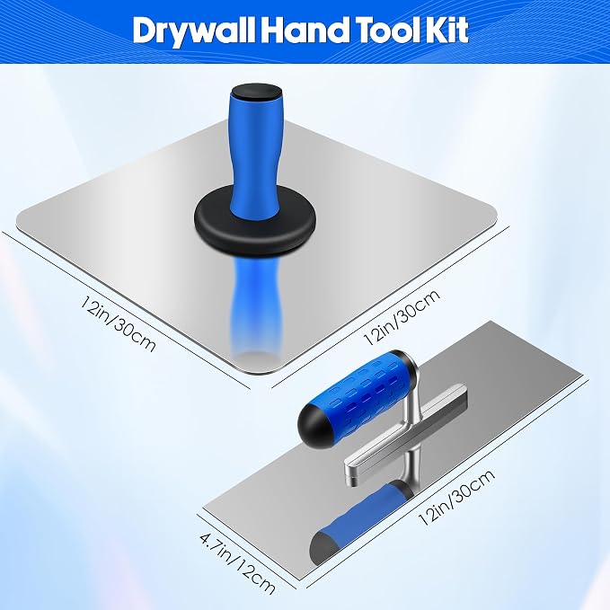 Drywall Hand Tool Kit, 12" Aluminum Plaster Hawk Mortar Board Holder & 12" x 4.7"Stainless Steel Finishing Trowel, Flat Masonry Mud Hawk with Non-Slip & Ergonomics Handle, Stucco Plaster Tool