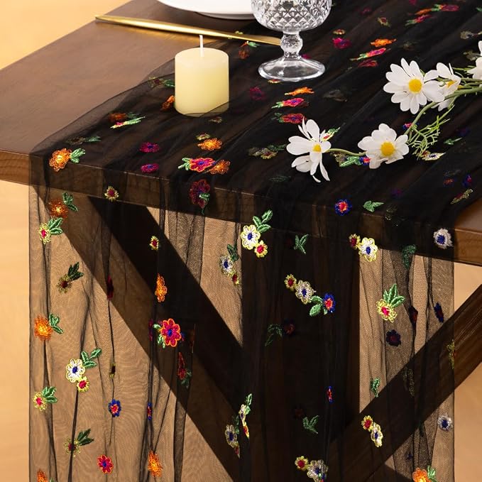 Socomi Flower Table Runner Summer Daisy Floral Tulle Gauze Cheesecloth Embroidery Table Runners for Tea Party Garden Wedding Bridal Baby Shower Birthday Picnic Decor Black 1pc