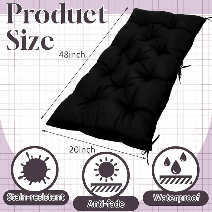 Wenqik Outdoor Bench Cushion 48 x 20 x 3 Inch Waterproof Patio Swing Cushion with Removable Zippered Cover Adjustable Ties Seat Pad for Porch Bench Garden Loveseat (Black,Classic)