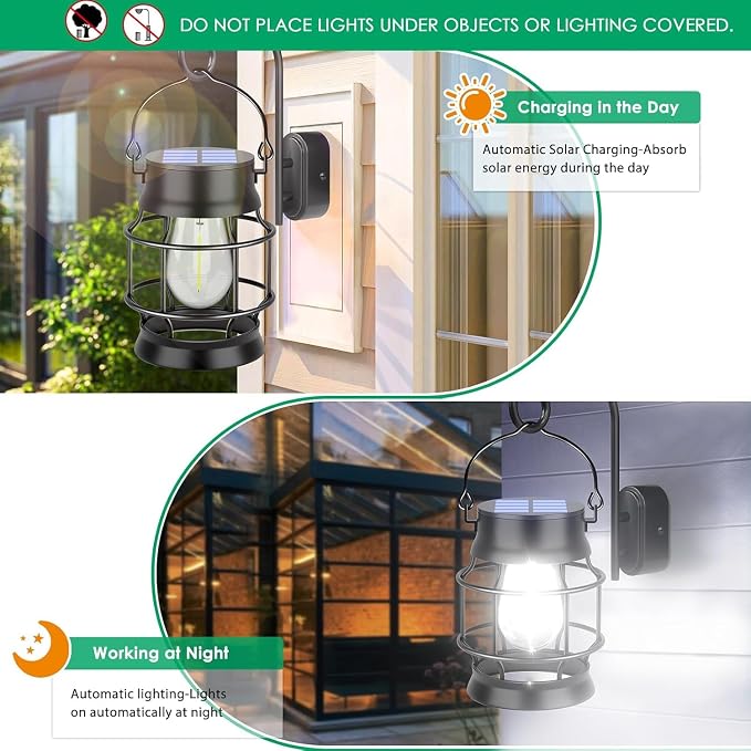 TomCare Solar Lanterns Lights Outdoor Waterproof Metal Hanging Solar Lights Lantern for Outdside Decorative Patio Porch Garden Lawn, 2 Pack (Cool White)