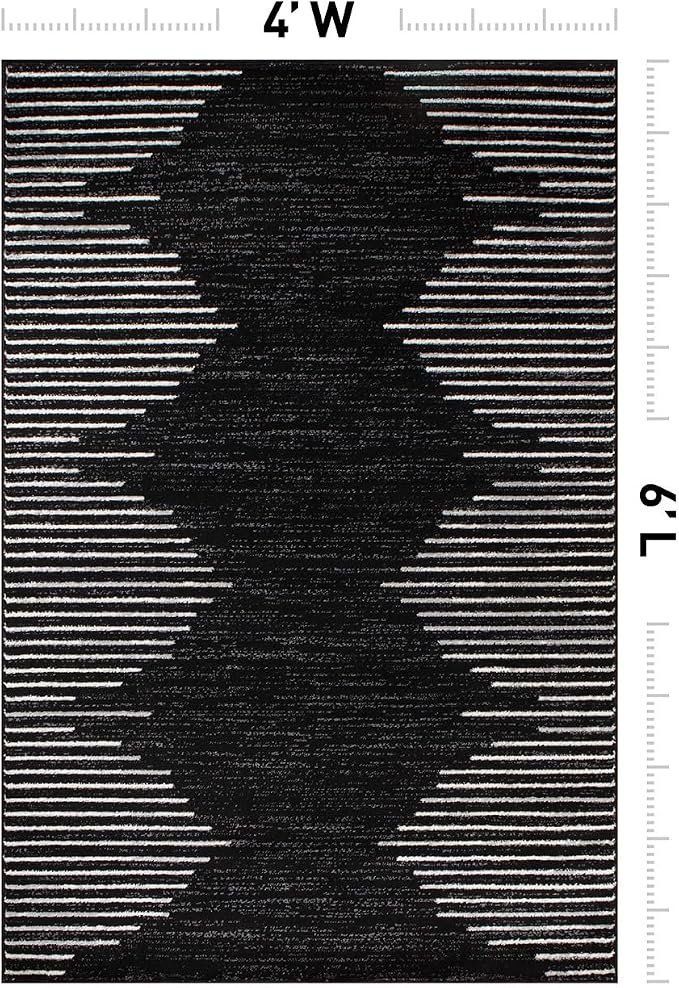 Rugshop Bohemian Stripe Stain Resistant High Traffic Area Rug Black 4' x 6' | Rectangular, Size 4' x 6', Living Room, Bedroom, Dining Room, Home Office, Kitchen, Entryway, Hallway, Nursery, Kids Room