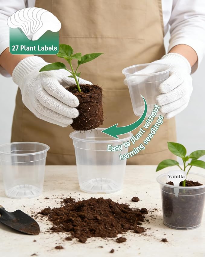 27 Pack Clear Nursery Pots with Drainage 12/9.5/8/7.5/6.7/5/4.5 Inch Nursery Pots with Saucers Transparent Seed Starting Pots Including Plant Labels for Indoor Outdoor Home Gardening
