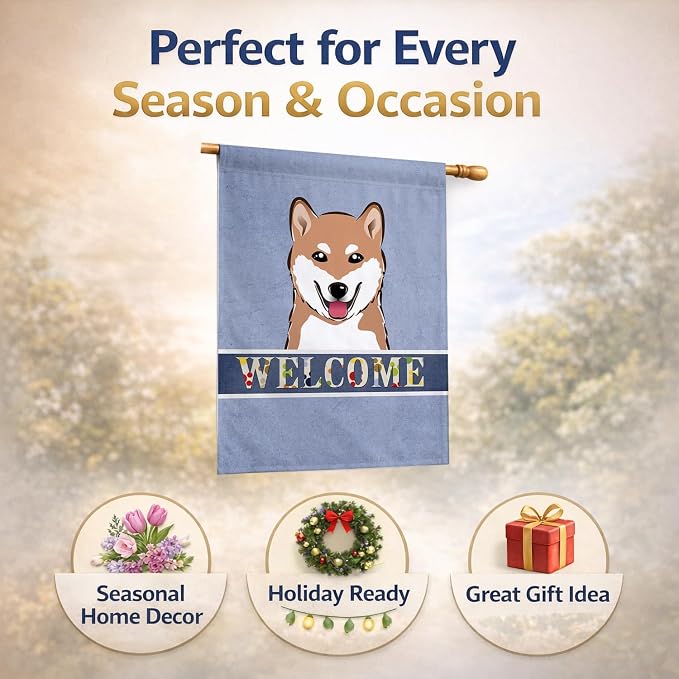 Caroline's Treasures BB1411CHF Shiba Inu Welcome House Flag, Blue Large Porch Sleeve Pole Decorative Outside Yard Banner Artwork Wall Hanging, Polyester, House Size, Multicolor