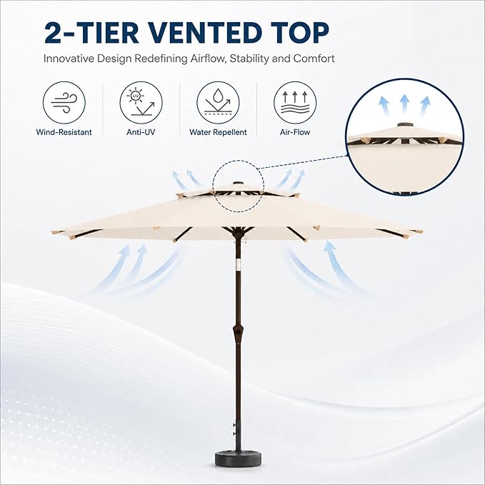 10FT Patio Umbrella, 2 Tier Outdoor Table Umbrella, Large Vented Market Umbrellas with Push Button Tilt and Crank, 8 Sturdy Ribs for Backyard, Deck, Pool, UPF50+ UV Protection