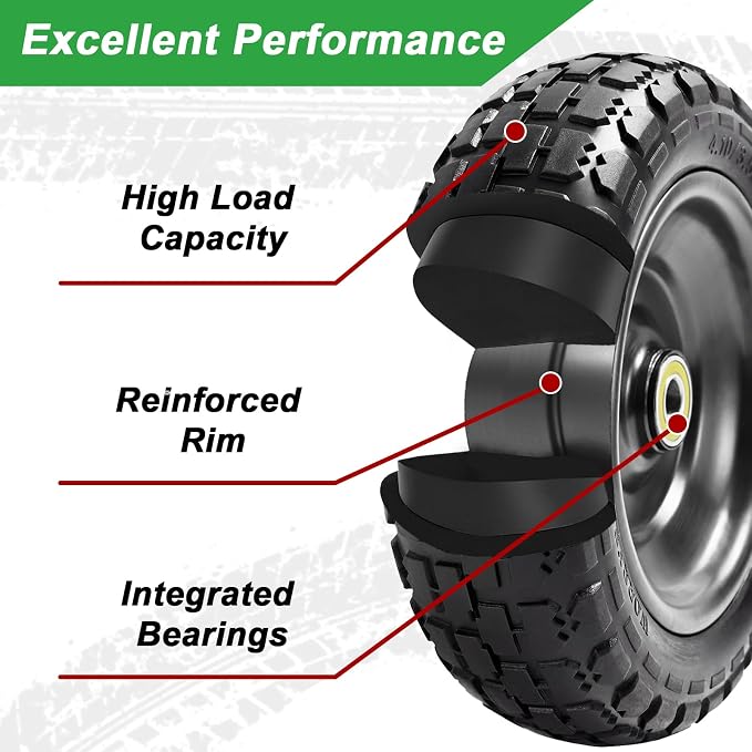 10" Flat Free Replacement Wheels for Gorilla Carts (2-Pack), 4.10/3.50-4 Solid Tires with 5/8" Axle Bore & 2.1" Offset Hub, Heavy Duty No-Flat Wheels for Garden Carts, Hand Trucks & Wagons