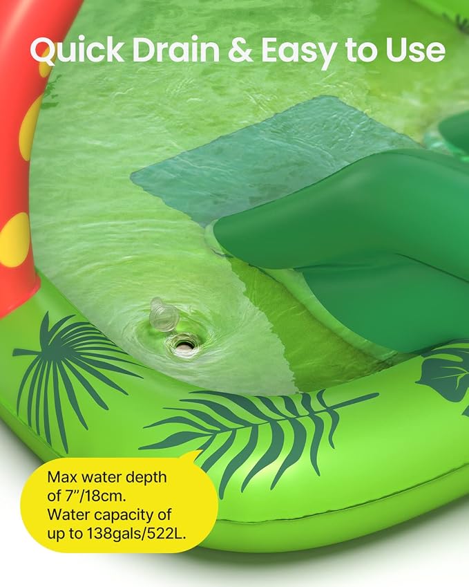 Inflatable Kids Pool, Airefina Dino Planet Inflatable Play Center Kiddie Pool with Water Slide, Ultra Thick 97"x76"x41" Toddler Pool with Play Ball Hoop, for Backyard, Garden, Water Park, Ages 3+