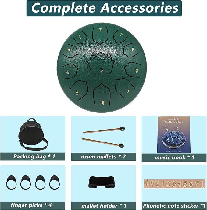Rain Drum for Outside Garden, 8-Inch Steel Tongue Drum with 11 Notes, Percussion Instrument, Includes Packing Bag, Music Book, and Mallets, Ideal for Meditation, Yoga, and Relaxation