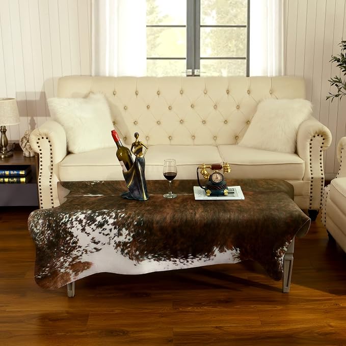 BENRON Faux Cowhide Rug, Cow Print Rug for Living Room Bedroom 4.6x5.2ft | Western cow hide rug for Cowboy Cowgirl Home Decor, Washable Rugs with Irregular Animal Skins and Hides Non Slip, Olive Green