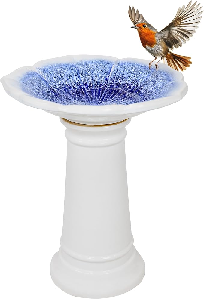 Sunnydaze Misty Blossom Ceramic Bird Bath for Outdoors - 23" H - UV-/ Frost-Resistant - Antique Bird Bath for Garden with White Pedestal/Blue Bowl