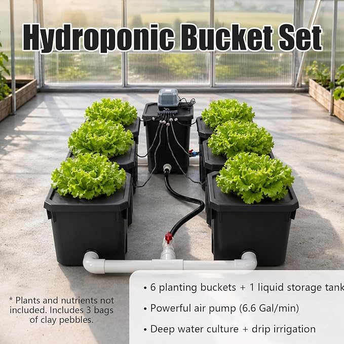 DWC Hydroponic System, Hydroponic Bucket Set (6 Planting Buckets+1 Storage Bucket), 7.13Gallon Water Culture Growing Bucket with Air Pump & Top Drip Kit, for Indoor/Outdoor