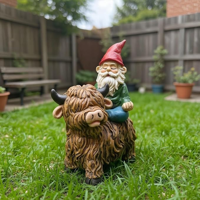 Meditating Garden Gnome on Highland Cow Outdoor Statue | Waterproof Resin, Yard Art Figurine, Funny Lawn Ornaments, Patio Decor