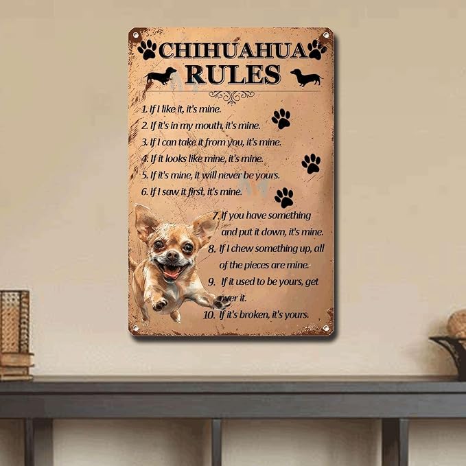 Metal Sign Tin Sign Vintage Wall Art Chihuahu Rules Tin Sign Gift for Club 6×8 Inches
