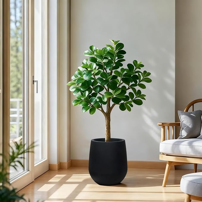 11.8 Inch Plastic Tall Planters for Outdoor Plants, Modern Black Round Tapered Flower Pot for Outdoor and Indoor Plants, Large Plant Pot with Drainage Holes and Rubber Plug for Home Garden Patio
