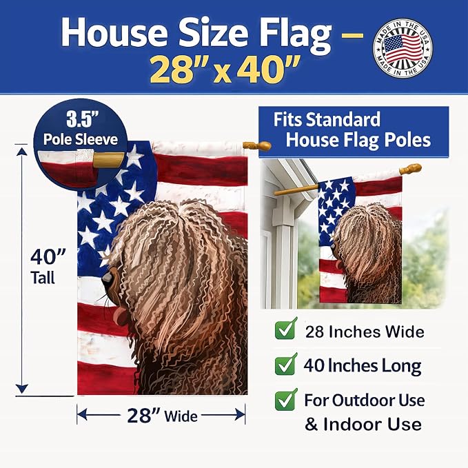 Caroline's Treasures CK6719CHF Spanish Water Dog American Flag House Flag Large Porch Sleeve Pole Decorative Outside Yard Banner Artwork Wall Hanging, Polyester, House Size, Multicolor