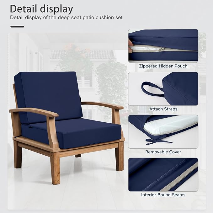 Favoyard Deep Seat Patio Cushion Set 19 x 19 Inch Waterproof Outdoor Chair Cushions for Patio Furniture with Fade Resistant and Removable Cover with Handle & Adjustable Straps for Patio, Yard, Garden