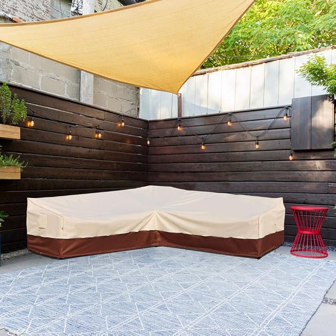 Outdoor Sectional Cover Patio Furniture Covers Waterproof Rip-Stop Anti-UV 600D Heavy Duty Couch Sofa Cover with 3 Air Vent (Beige & Reddish Brown, V-Shaped-105''X105'')