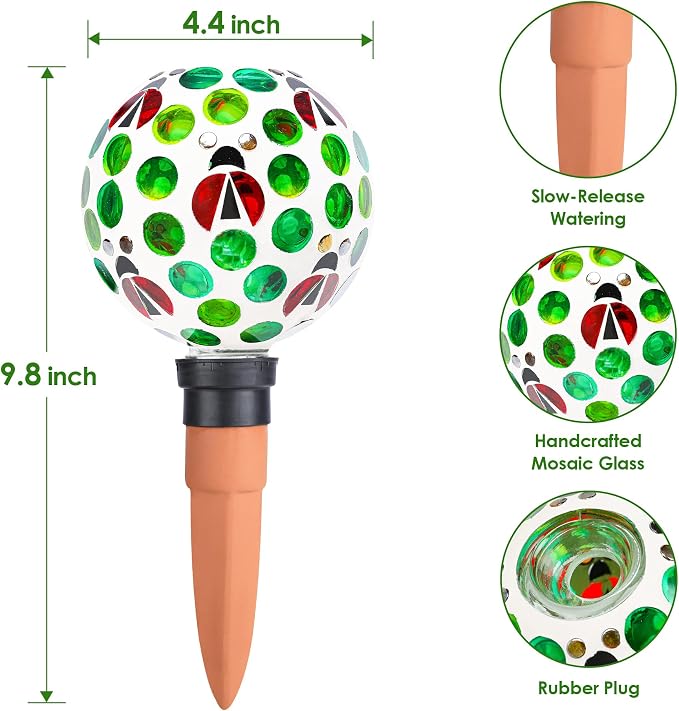 Terracotta Plant Watering Globes Mosaic Self Watering Spikes 2 Pack for Indoor Outdoor Plants Automatic Plant Waterer Plant Watering Devices for Garden Home Decor, Green