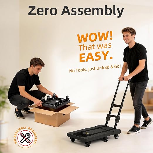 No Assembly Folding Hand Truck 440lbs, Dolly Cart with Wheels & Upright Lock, Extendable Heavy Duty Foldable Dolly for Luggage, Travel, Office & Dorm, Carrito de Carga