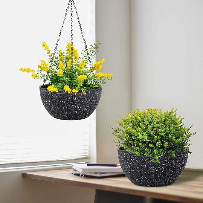 Meowell 12 inch Large Hanging Planters for Indoor Outdoor Plants, 2 Pack Hanging Flower Pots with Drainage Holes and Chain for Garden Porch, Plastic Hanging Baskets for House Plants, Speckled Black