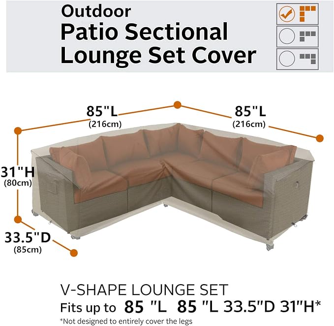 Heavy Duty Outdoor Sectional Sofa Cover, 85"X85" V-Shaped 5-Seater Waterproof 600D Patio Sectional Couch Cover, Lawn Patio Furniture Cover,Desert Khaki