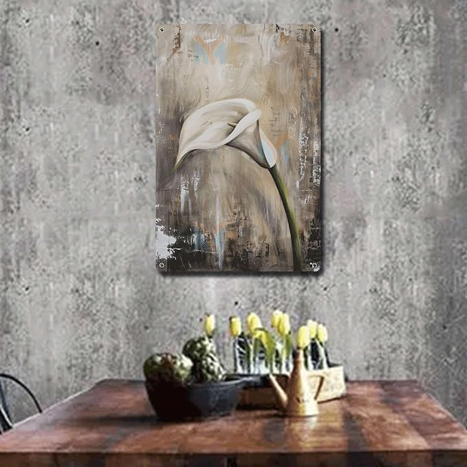 Metal Sign Tin Sign Vintage Wall Art Shabby Chic Calla Lily Tin Sign for Vintage Still Life Art Rustic Wall Decor and Distressed Wood Kitty Decor for Home Decor 8×12 Inches