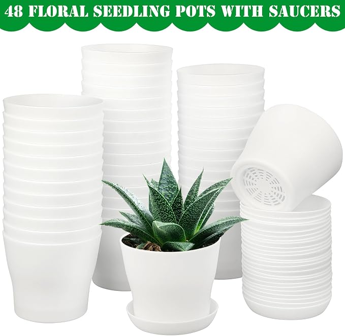 Hahood 48 Pack Plastic Planters 4 Inch Flower Plant Pots Indoor Set Thickened Seedling Nursery Pots Seed Starting Pots with Drainage Holes Saucers, Mini Garden Tools for Home Office Garden, White