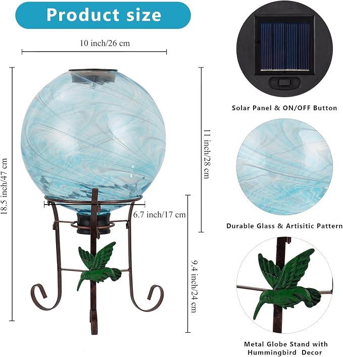 10 Inch Solar Glass Gazing Ball with 9.4" H Metal Stand | Solar Gazing Globe Lights Display Holder Set for Outdoor Garden Lawn Yard Decoration, Blue Water Ripple