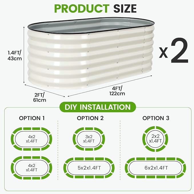 Galvanized Raised Garden Bed Outdoor |17'' Tall Planter Box Outdoor for Deep Root Plants | 2Pcs Raised Bed Kit for Gardening with Rubber Strip for Vegetables Flowers Fruits (White, 4x2x1.4FT)