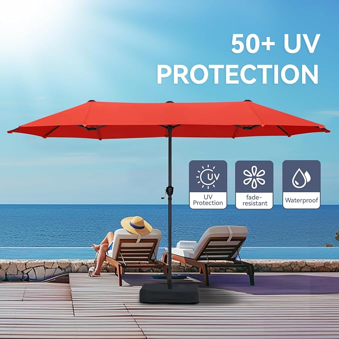 GREEN PARTY 13ft Rectangle Patio Umbrella, Double Sided Outdoor Table Umbrella with Crank & 1.5" Pole, Large Market Umbrella for Poolside Garden Deck Backyard, Orange Red