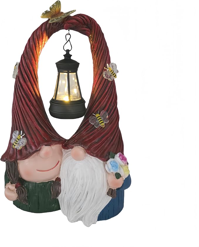 Couple Gnome Figurine with Solar Lantern Gnome Lamp Decor Garden Statue Outside Outdoor Yard Housewarming Gifts for Mom Women Grandma Valentine's Day Anniversary