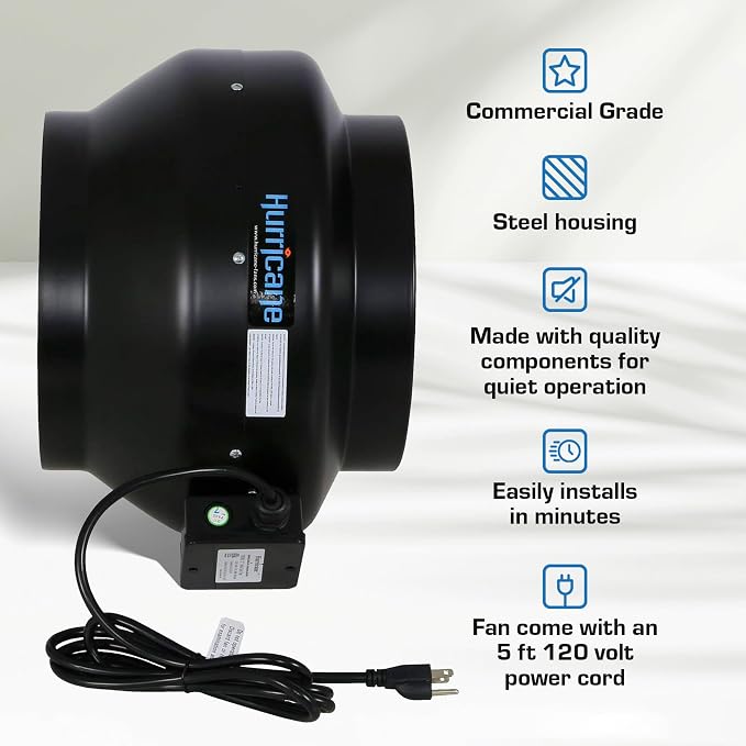 Hurricane Commercial Grade Inline Fan for Phresh & Black Ops Carbon Filters, Ideal-Air Ducting and Clamps and Titan Controls Ventilation Controllers