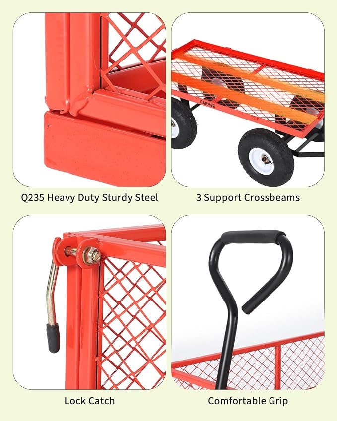 Garvee Versatile Outdoor Utility Cart-400LBS Heavy-Duty, 10" All-Terrain Pneumatic Tires, Easy Maneuverable Lawn Cart with Removable Mesh Panels for Gardening&Landscaping, Red, with Waterproof Liner