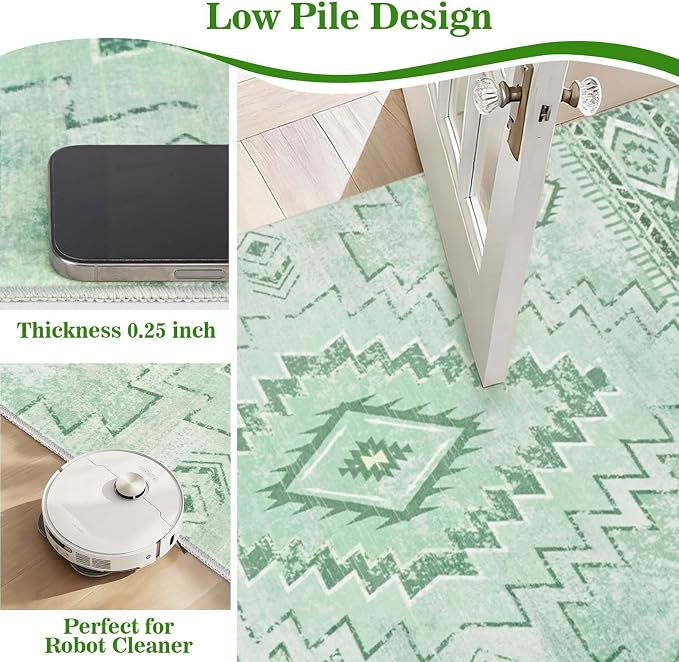 Yinhua Sage Green 8x10 Rugs for Living Room, Western Area Rug Washable | Non-Slip Southwestern Rug Low Pile, Soft Non-Shedding Boho Rugs for Dining Table Office Nursery