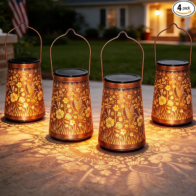 LeiDrail Hummingbird Solar Lanterns Outdoor, 4 Pack Metal Hanging Garden Lights, Waterproof Vintage Copper Decorative Lantern Set for Yard Patio Porch, Gifts for Women Mom Grandma