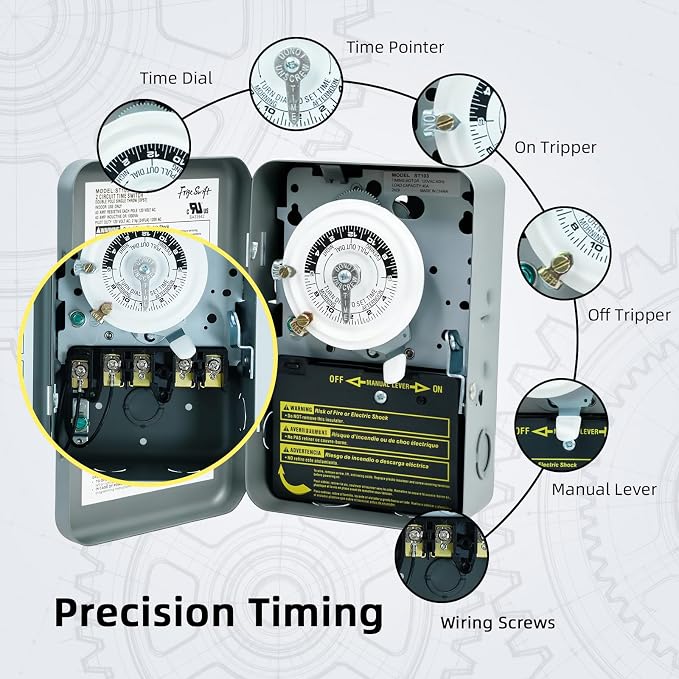 T103 40A 120V 24-Hour Mechanical Timer, DPST Switch with 12 ON/Off Cycles. for Defrost, Lighting, Irrigation，Indoor Use Only