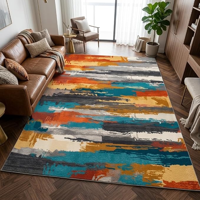 5x7 Burnt Orange and Teal Blue Modern Brush Stroke Lines Area Rug | Soft faux cashmere low-pile, machine washable non-slip foldable rug for living rooms, bedrooms and dining rooms.