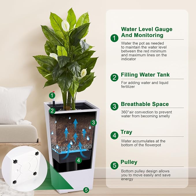 GarveeLife 30" Tall Planters Set of 2, Outdoor&Indoor Black Planter Pots, High Front Porch Planter Pots with Drainage Holes&Water Level Monitor Movable Wheels &Inner Bucket, Automatic Watering, White