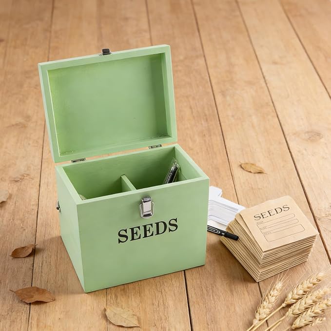 Wooden Seed Storage Organizer with 2 Dividers, Seed Saving Box with Lid and Handle, 50 Envelopes, 20 Plant Labels and 2 Pens for Garden Seeds