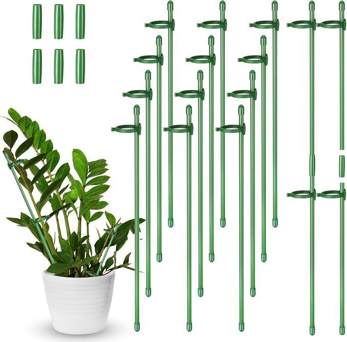 meekoo 12 Pcs 12 Inch Adjustable Plant Support Stakes for Indoor Outdoor Garden Orchid Stick Single Stem Plant Cage Support Rings with Clips and Connect Pipe for Tomato Flowers, Potted Plants (Green)