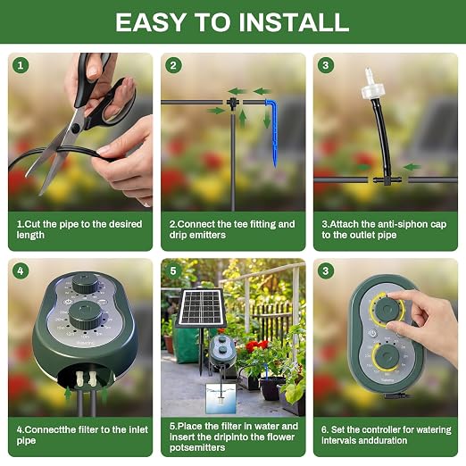 50FT Solar Automatic Drip Irrigation Kit System, Smart Self-Watering System with USB Charging for Outdoor Indoor Use, 2200mAh Automatic Watering System Supports 15 Pots for Garden, Balcony & Patio