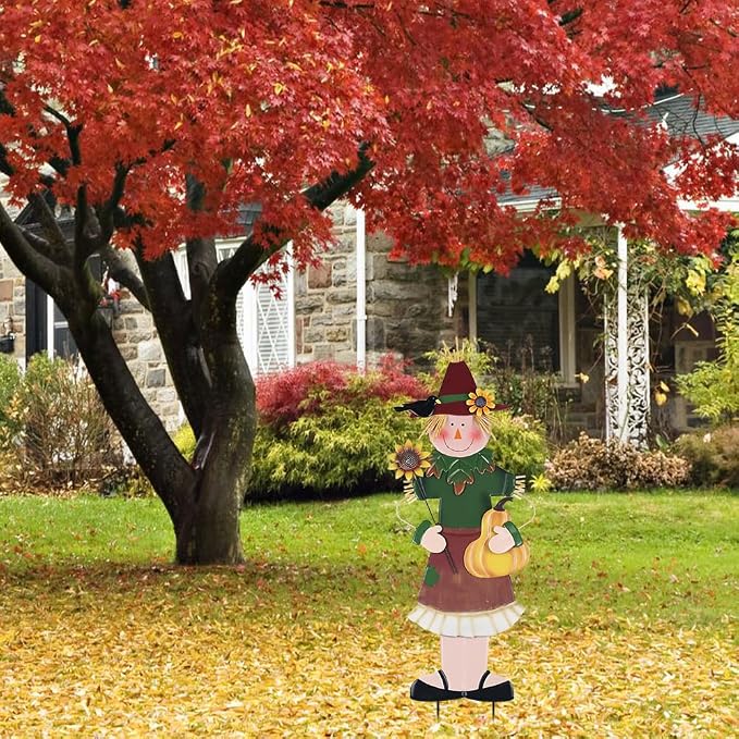 YEAHOME Outdoor Fall Decor, Metal Girl Scarecrow Garden Stakes with Sunflowers & Pumpkin for Fall Decorations, Scarecrow Yard Signs for Outside Garden Lawn Porch Thanksgiving Decorations Outdoor